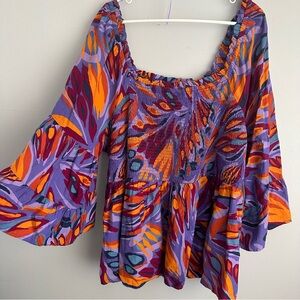 3XL Womens bell sleeve smocked top colorful 3x 24-26w terra and sky off shoulder